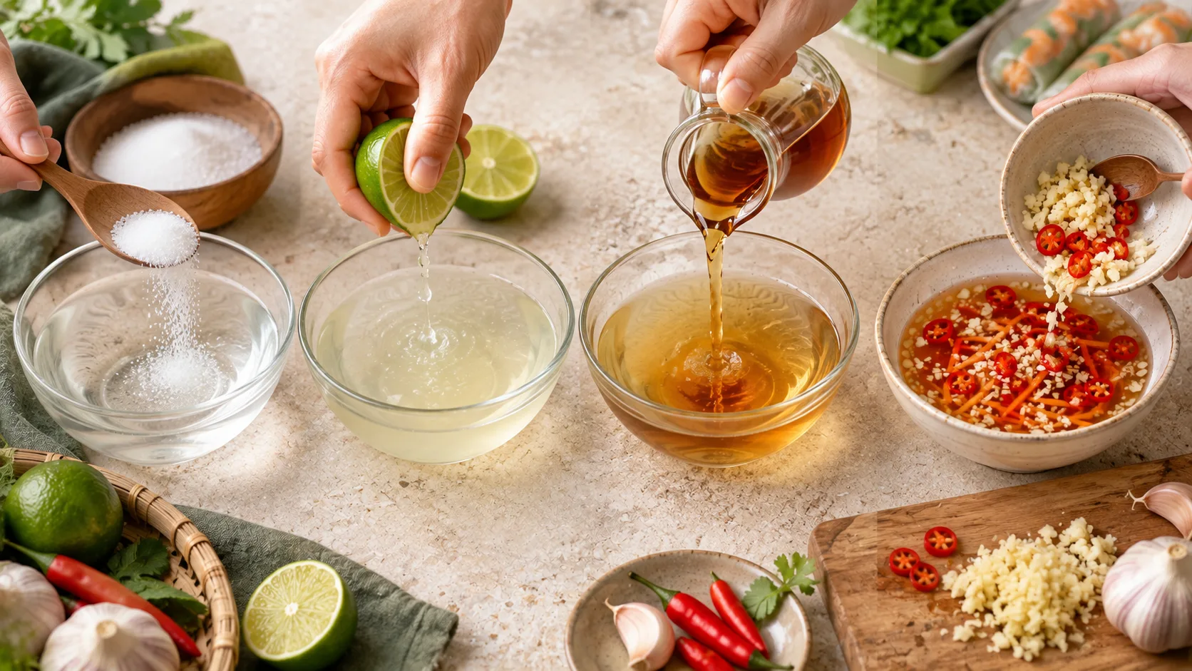 Step-by-step preparation of Vietnamese nuoc cham with sugar, lime, fish sauce, garlic and chili