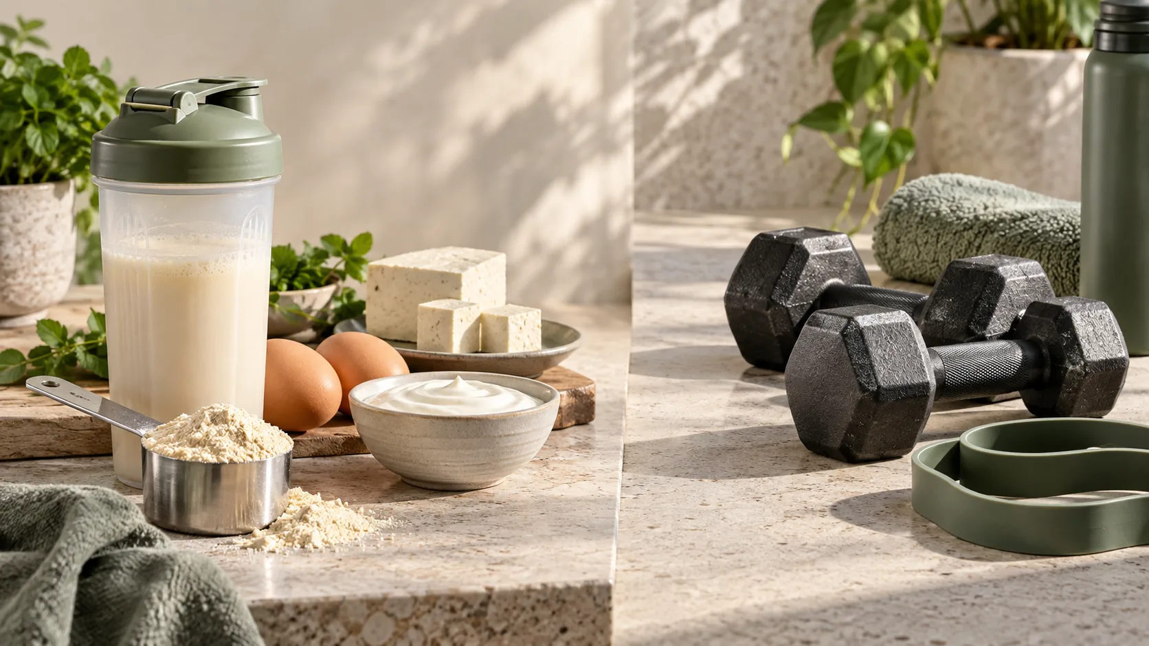 Shaker protein v&agrave; dụng cụ tập kh&aacute;ng lực minh họa vai tr&ograve; kh&aacute;c nhau của dinh dưỡng v&agrave; tập luyện