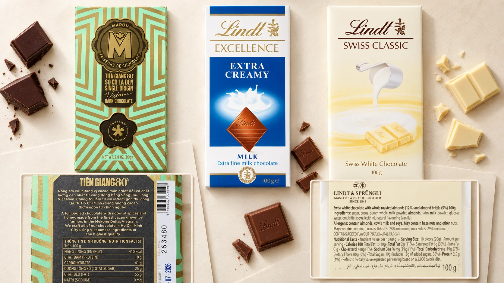 Mặt trước và bảng thành phần thật của dark, milk và white chocolate dùng để minh họa cách đọc nhãn