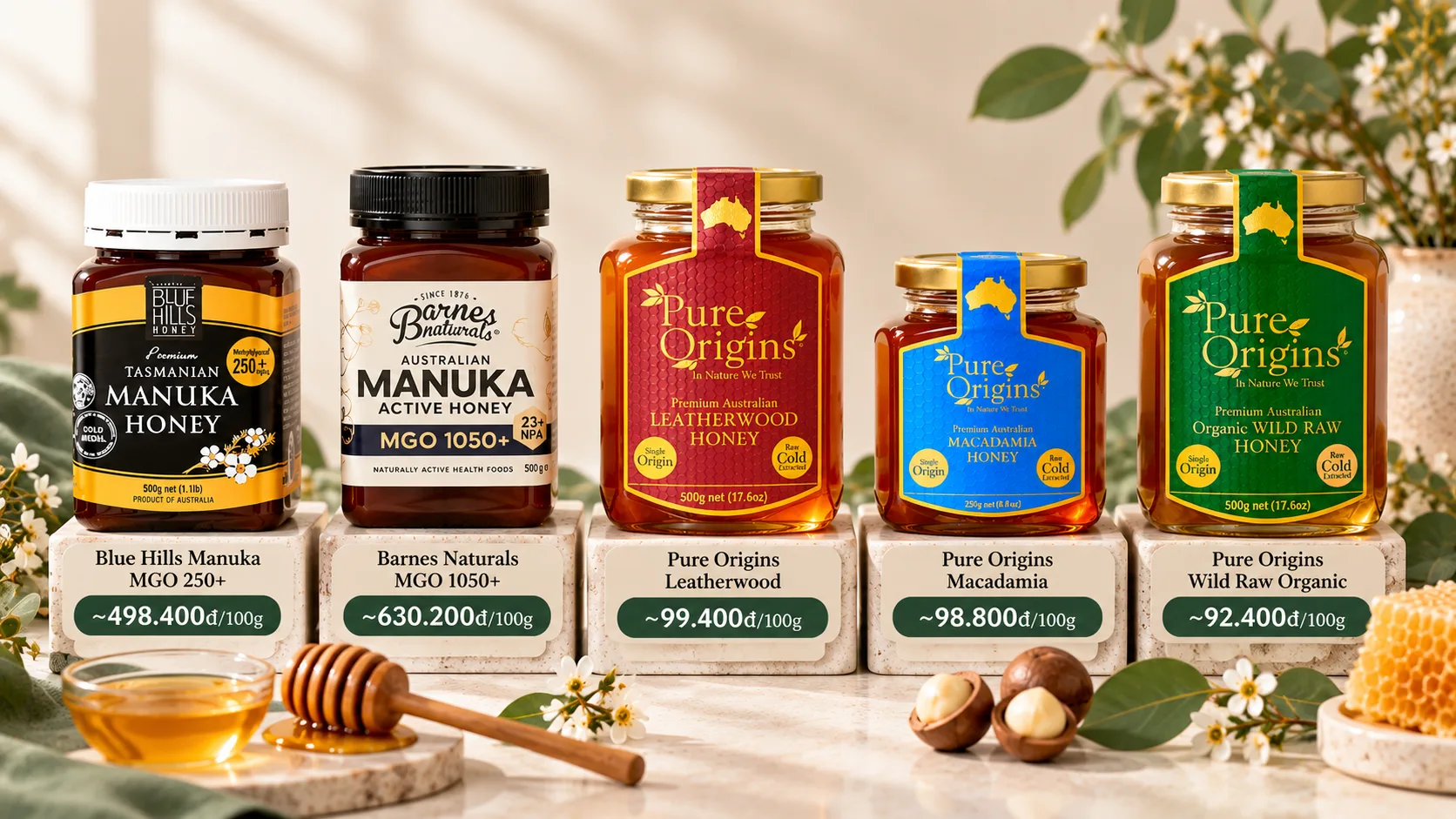 Năm hũ mật ong nhập khẩu được bố trí trong khung so sánh giá trên 100g