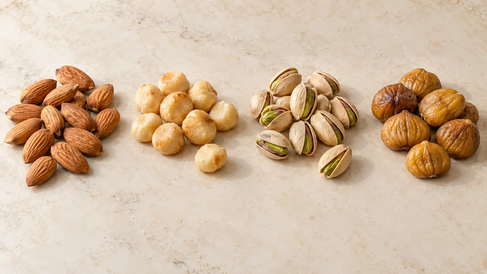 So s&aacute;nh hạnh nh&acirc;n raw, mắc ca rang kh&ocirc;, pistachio rang muối v&agrave; hạt dẻ rang b&oacute;c vỏ