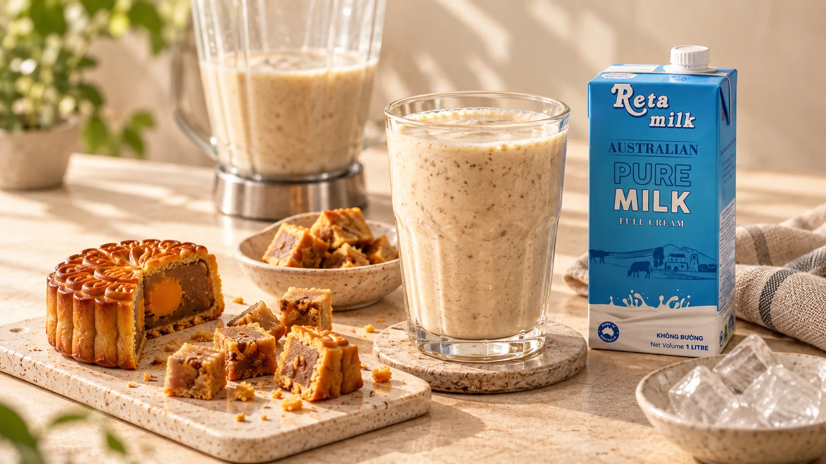 Một phần nhỏ b&aacute;nh Trung Thu được xay c&ugrave;ng sữa kh&ocirc;ng đường th&agrave;nh milkshake