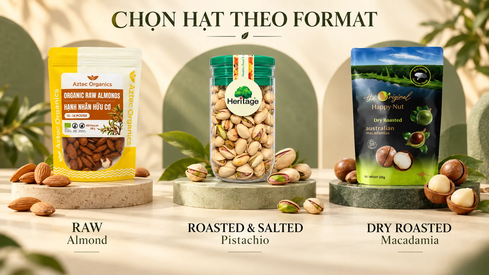 So s&aacute;nh hạnh nh&acirc;n raw, pistachio rang muối v&agrave; macadamia rang kh&ocirc; cho set qu&agrave; Trung Thu