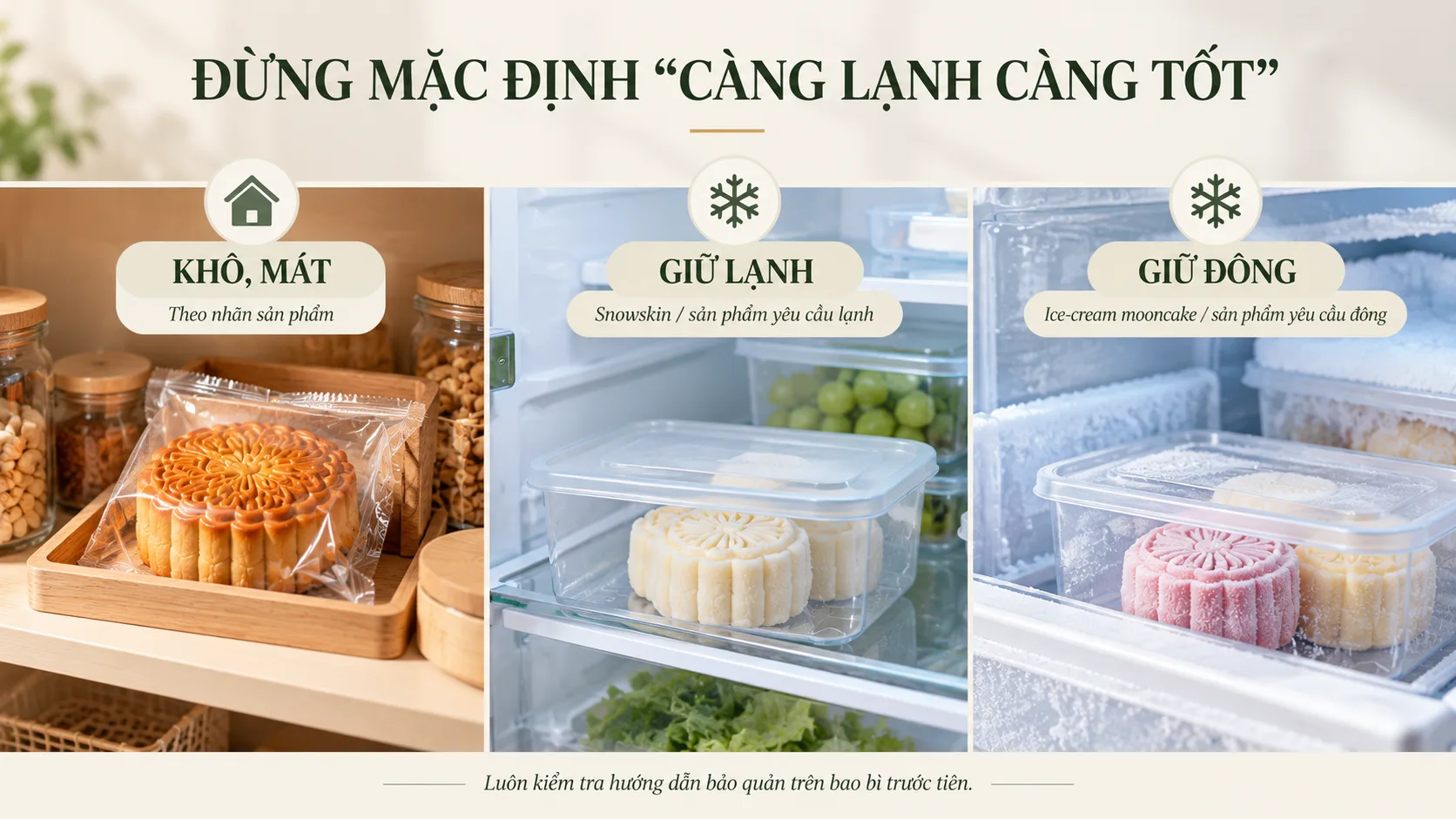 Ba m&ocirc;i trường bảo quản b&aacute;nh Trung Thu gồm nơi kh&ocirc; m&aacute;t, ngăn m&aacute;t tủ lạnh v&agrave; ngăn đ&ocirc;ng