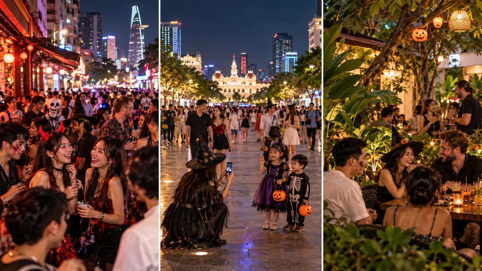 Three Halloween settings in Ho Chi Minh City showing nightlife, public walking streets and an expat community gathering