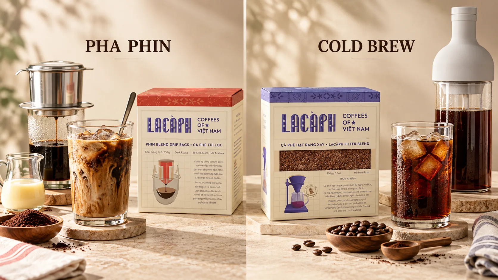 Lac&agrave;ph Phin Blend cho pha phin v&agrave; Lac&agrave;ph Filter Blend cho cold brew đặt cạnh hai kiểu pha tương ứng&nbsp;