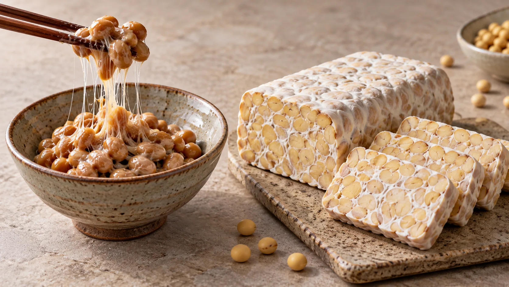 So s&aacute;nh natto dạng hạt d&iacute;nh k&eacute;o sợi v&agrave; tempeh dạng khối chắc c&oacute; thể cắt l&aacute;t