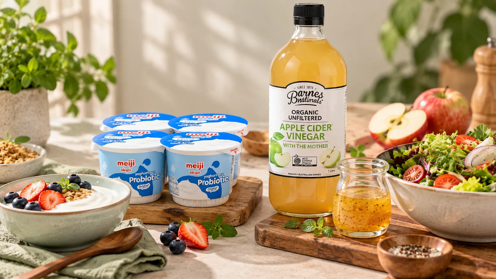 Sữa chua probiotic và giấm táo lên men với cách sử dụng khác nhau