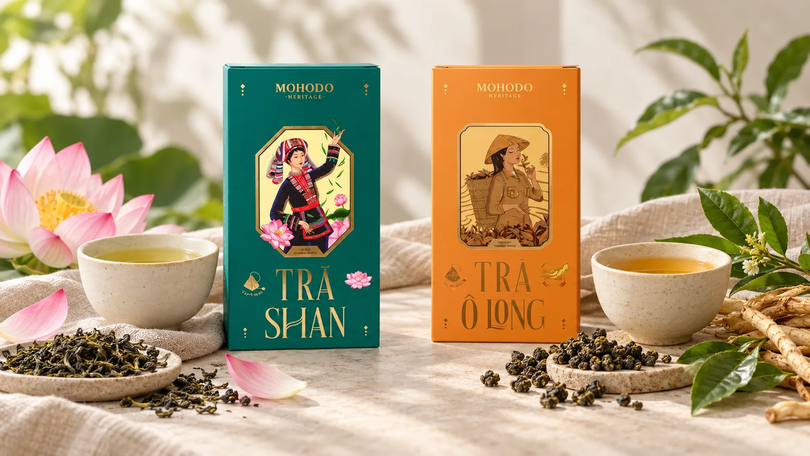 Trà Việt Shan Hoa Sen và Ô Long Sâm Dây Ngọc Linh trong phong cách thưởng trà hiện đại