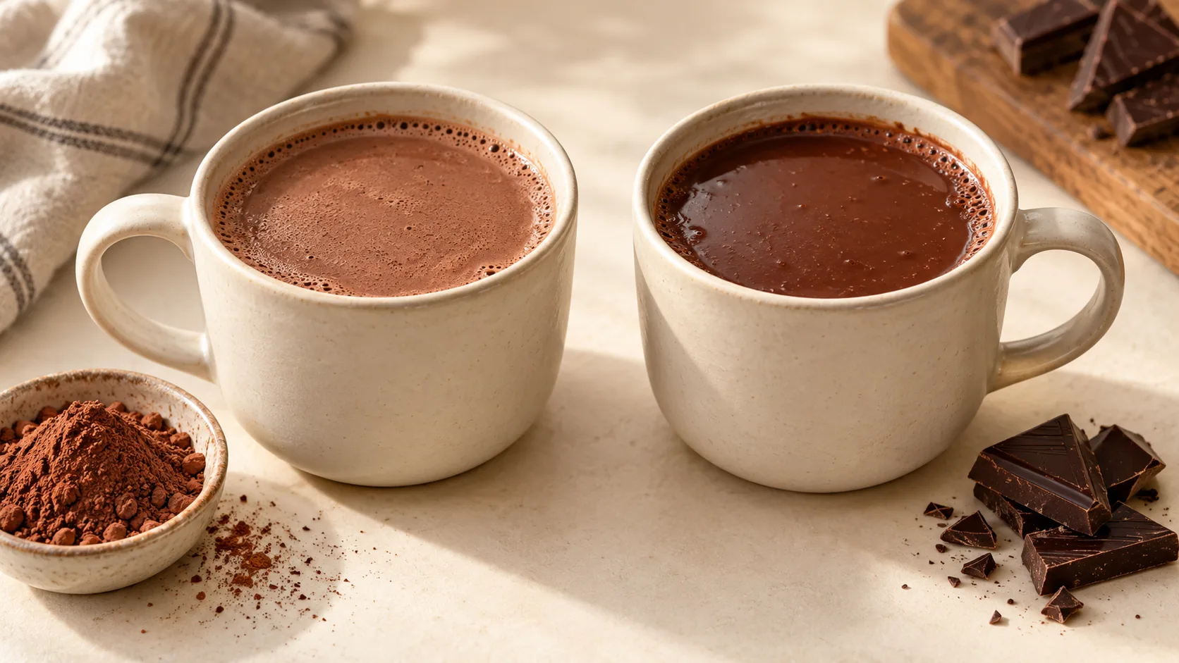 Hai cốc chocolate nóng pha từ bột cacao và chocolate thanh có kết cấu khác nhau
