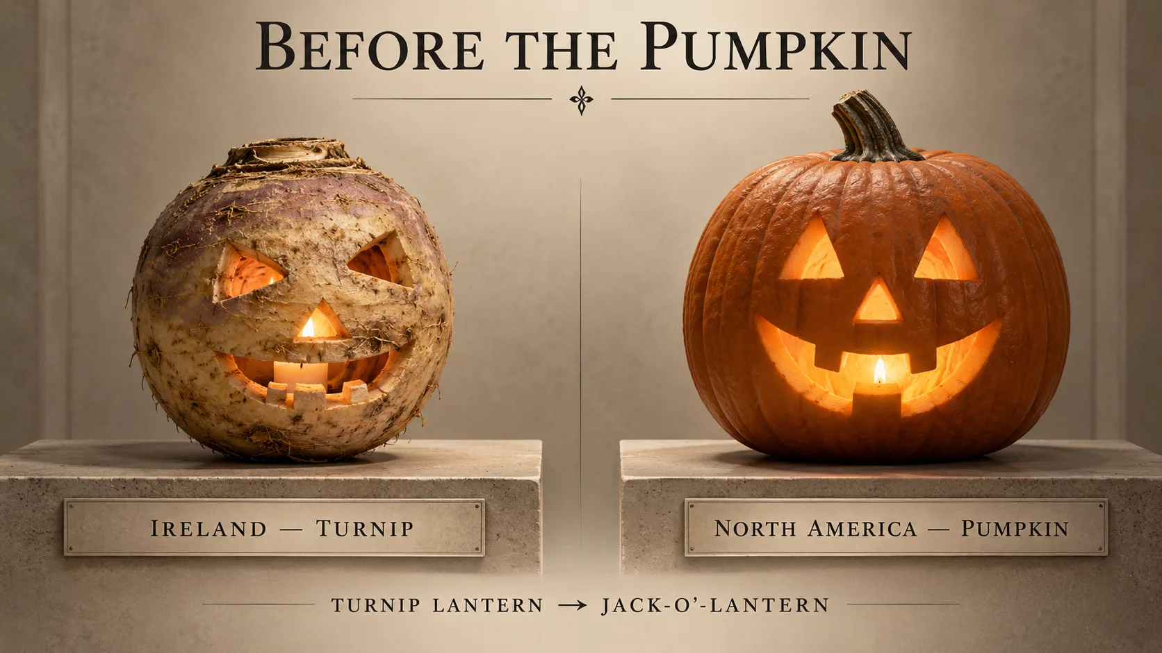 Đèn Halloween bằng củ cải trong truyền thống Ireland và jack-o'-lantern bằng bí ngô phổ biến ngày nay