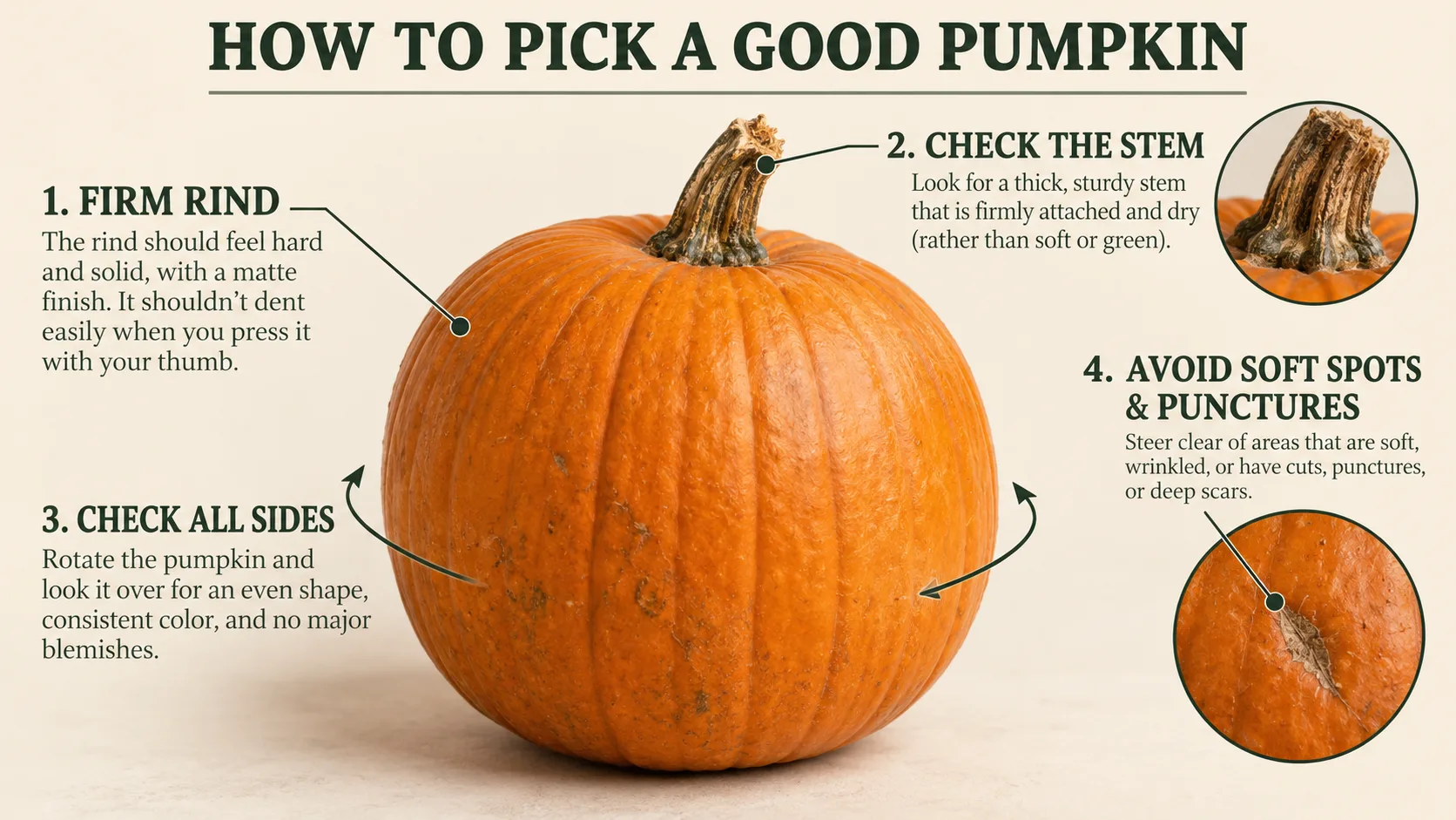Pumpkin buying checklist showing a firm rind, sound stem area and surface areas to inspect for damage