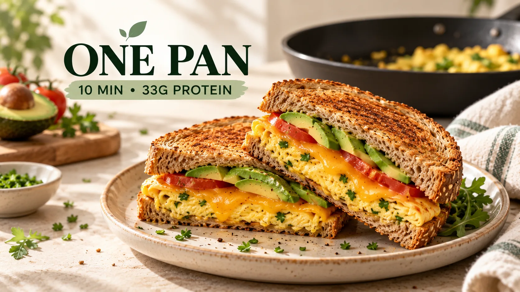 Bánh mì kẹp trứng một chảo với phô mai bơ và cà chua cho bữa sáng