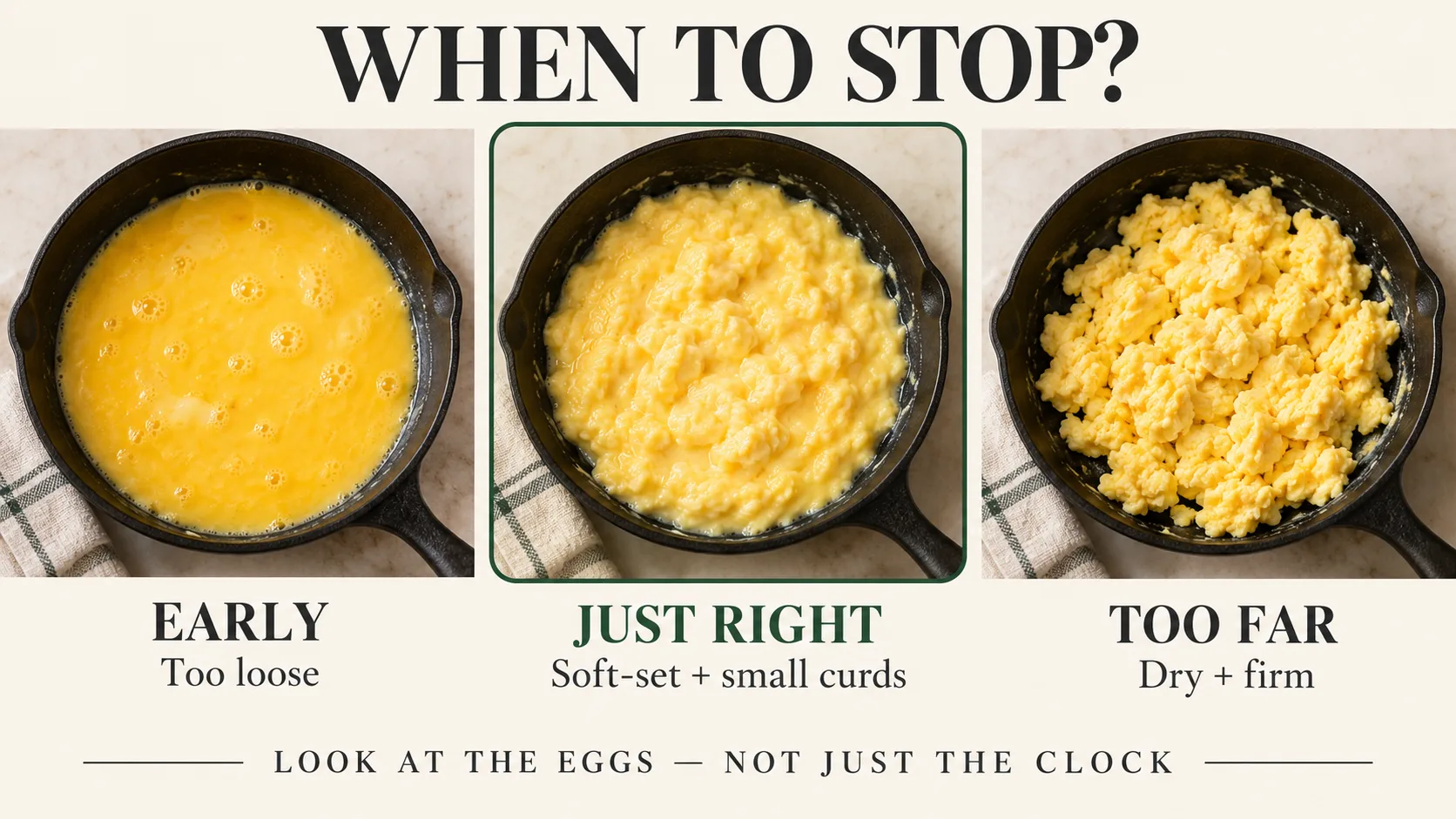 Ba trạng th&aacute;i của trứng khi l&agrave;m omelette từ c&ograve;n qu&aacute; lỏng đến mềm vừa v&agrave; qu&aacute; kh&ocirc;