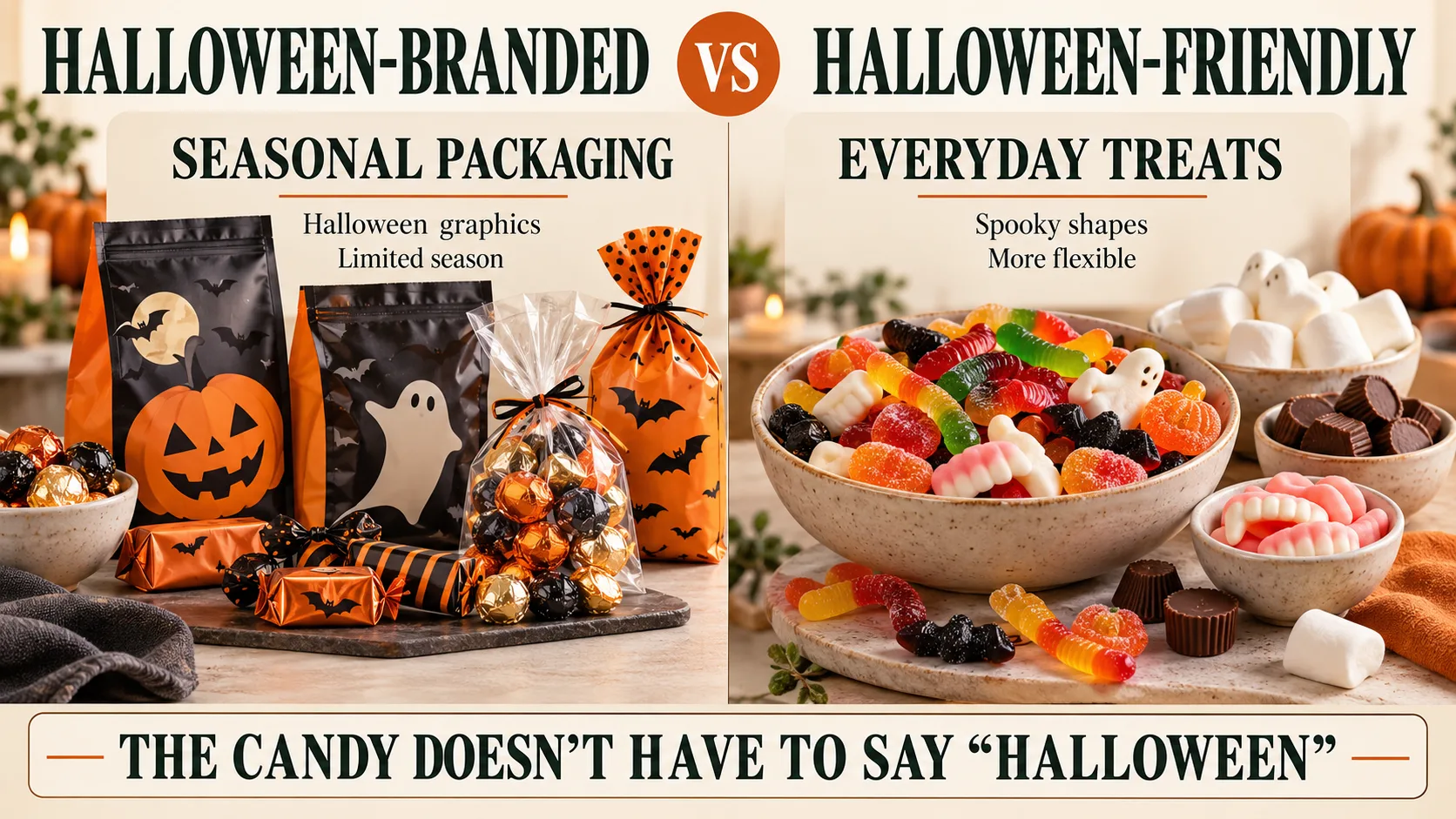 Comparison between Halloween-branded seasonal candy and everyday Halloween-friendly treats such as gummy worms and novelty sweets