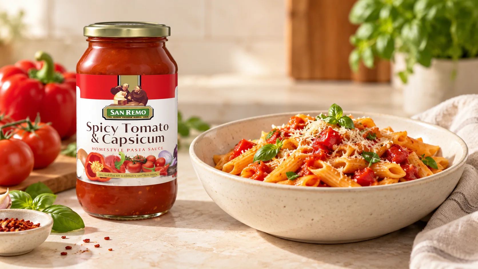 Sốt mì Ý San Remo Spicy Tomato and Capsicum bên cạnh một phần pasta sốt cà chua