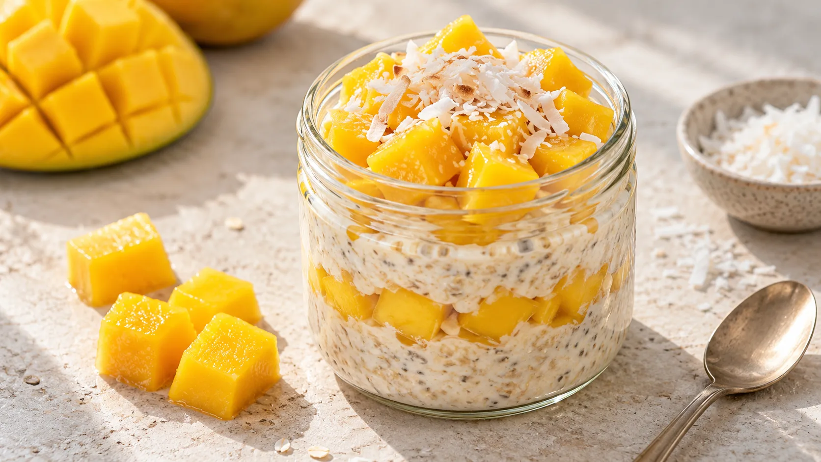 Overnight oats xoài dừa với những miếng xoài chín vàng và dừa nạo trên lớp yến mạch ngâm sữa
