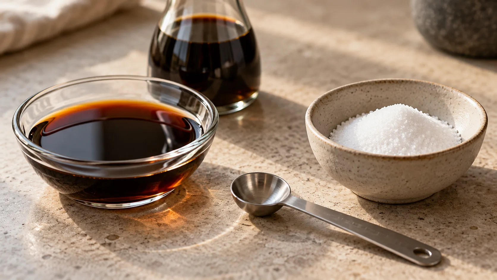 Nước tương và muối dùng minh họa sự khác nhau giữa natri và lượng muối tương đương trên nhãn thực phẩm