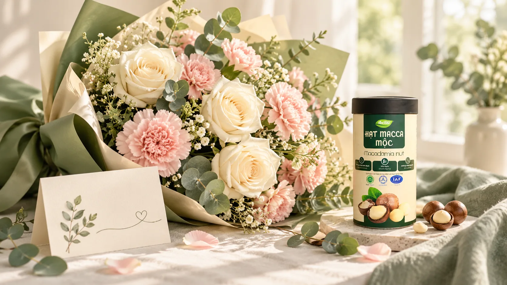 Bó hoa tươi phối cùng hũ hạt hỗn hợp và thiệp nhỏ thành món quà 20/10 giản dị