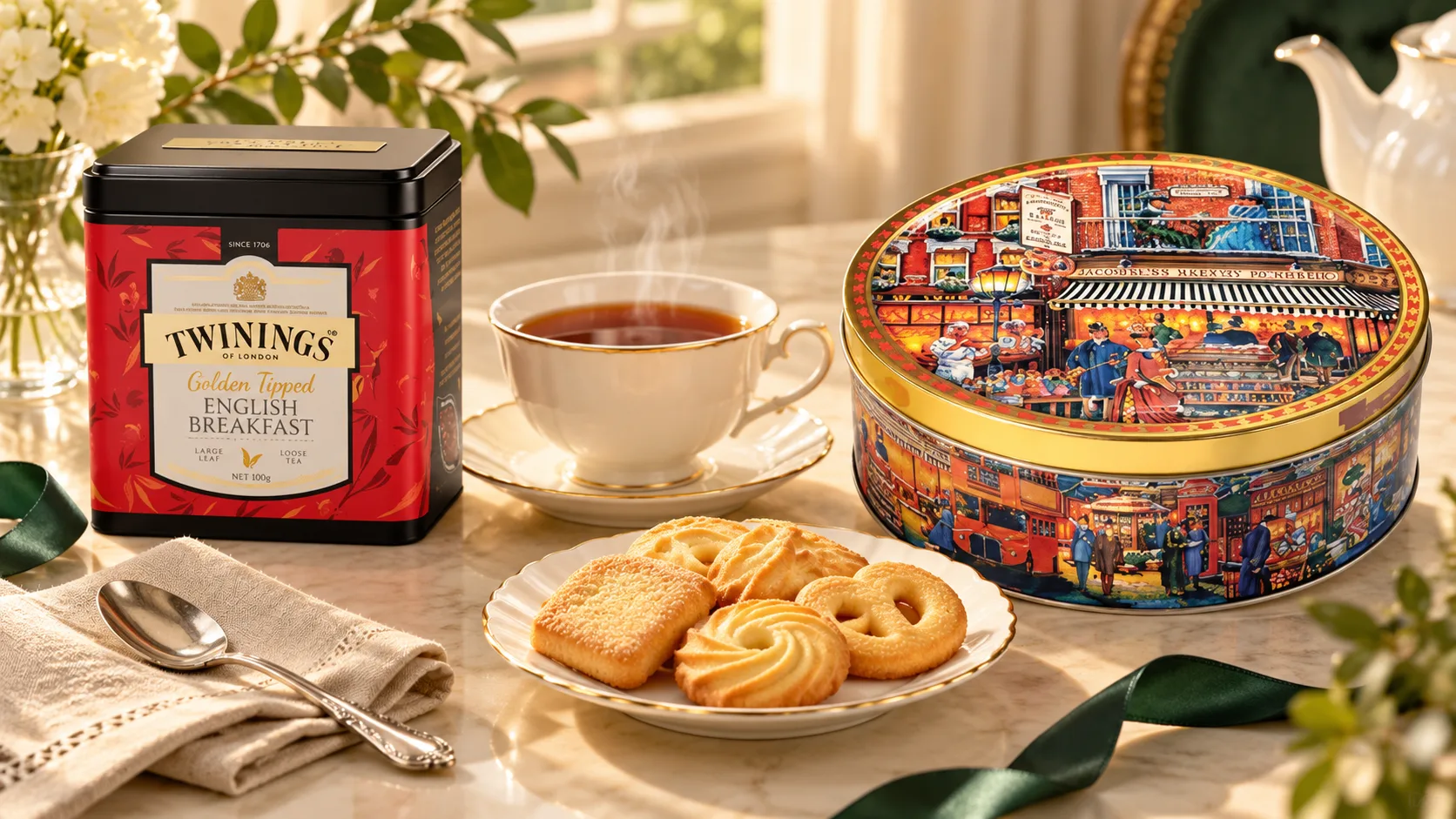 Hộp trà đen Twinings Golden Tipped và bánh quy bơ Jacobsens Portobello đặt cạnh tách trà nóng cùng đĩa bánh quy