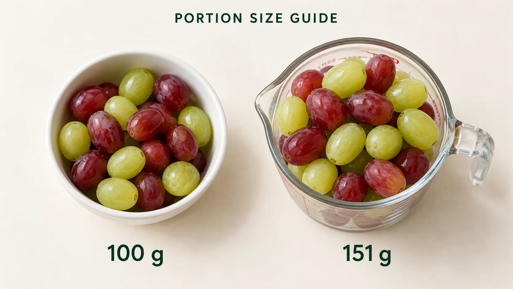 Minh họa khẩu phần nho tươi 100 g và một cốc nho khoảng 151 g để tham khảo khi ăn
