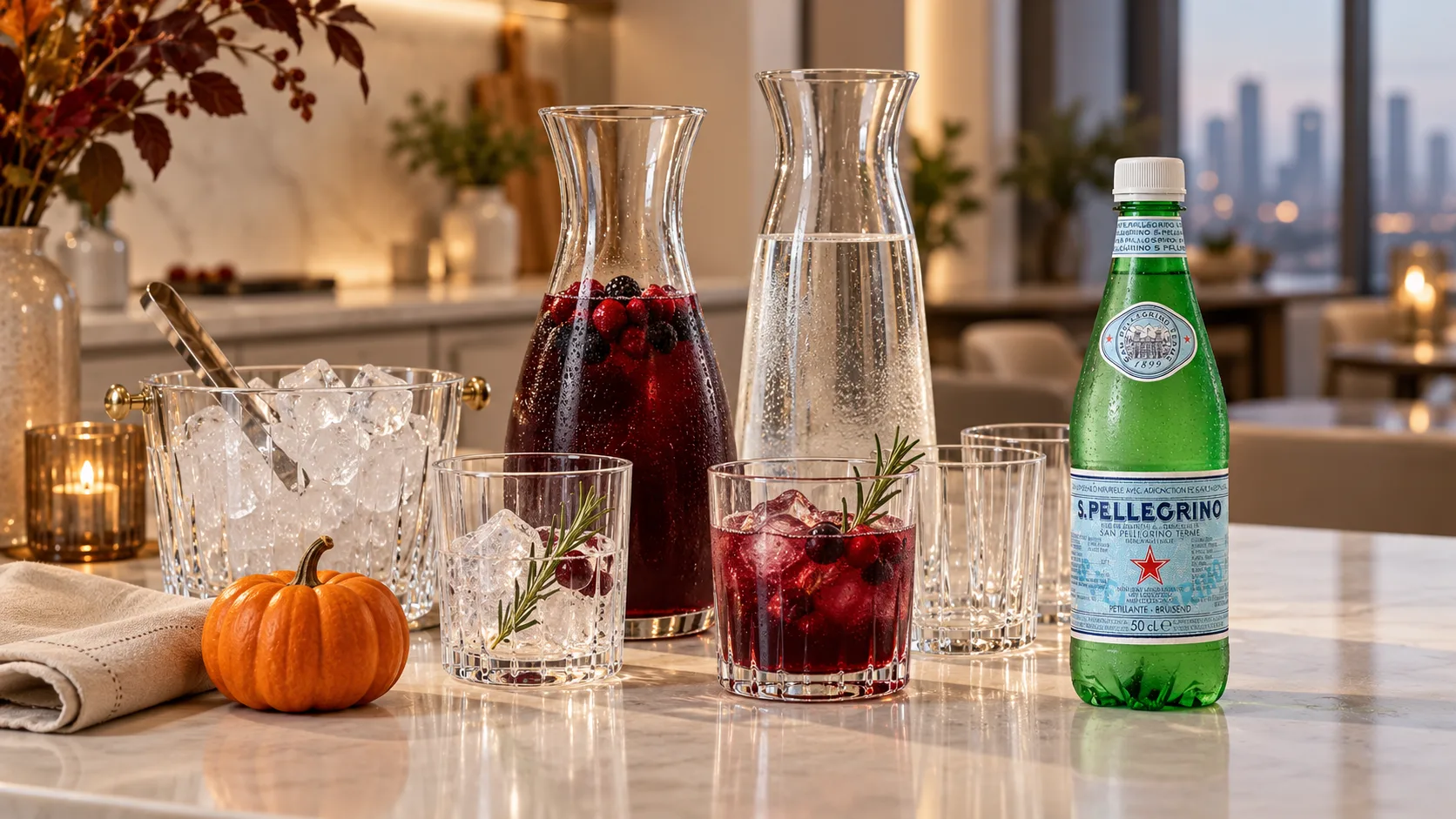 Non-alcoholic Halloween drinks station with S.Pellegrino sparkling water, berry juice, glasses and ice