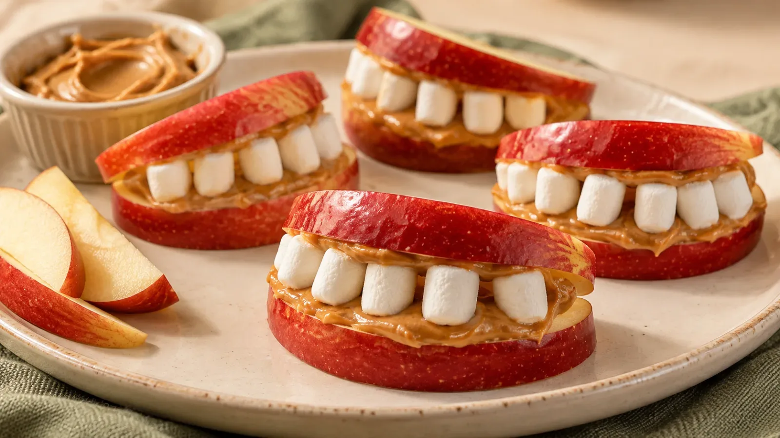 Halloween apple monster mouths made with red apple wedges, smooth peanut butter and small marshmallow teeth