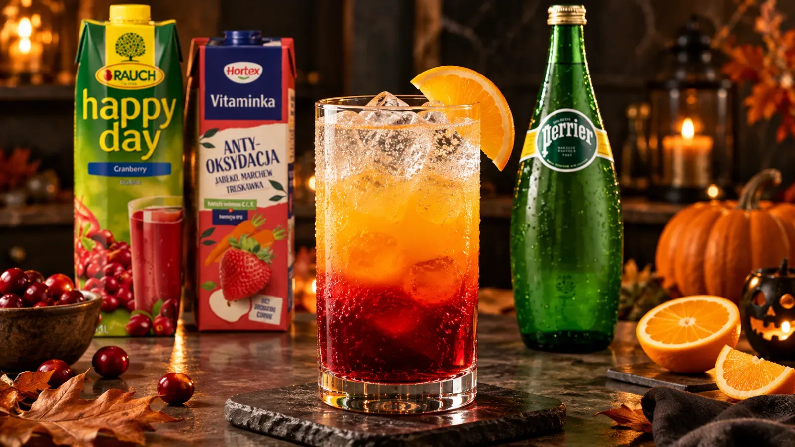 Mocktail Đ&egrave;n B&iacute; Ng&ocirc; Ho&agrave;ng H&ocirc;n với tầng nước &eacute;p đỏ, cam c&agrave; rốt đ&agrave;o v&agrave; lớp nước kho&aacute;ng sủi bọt