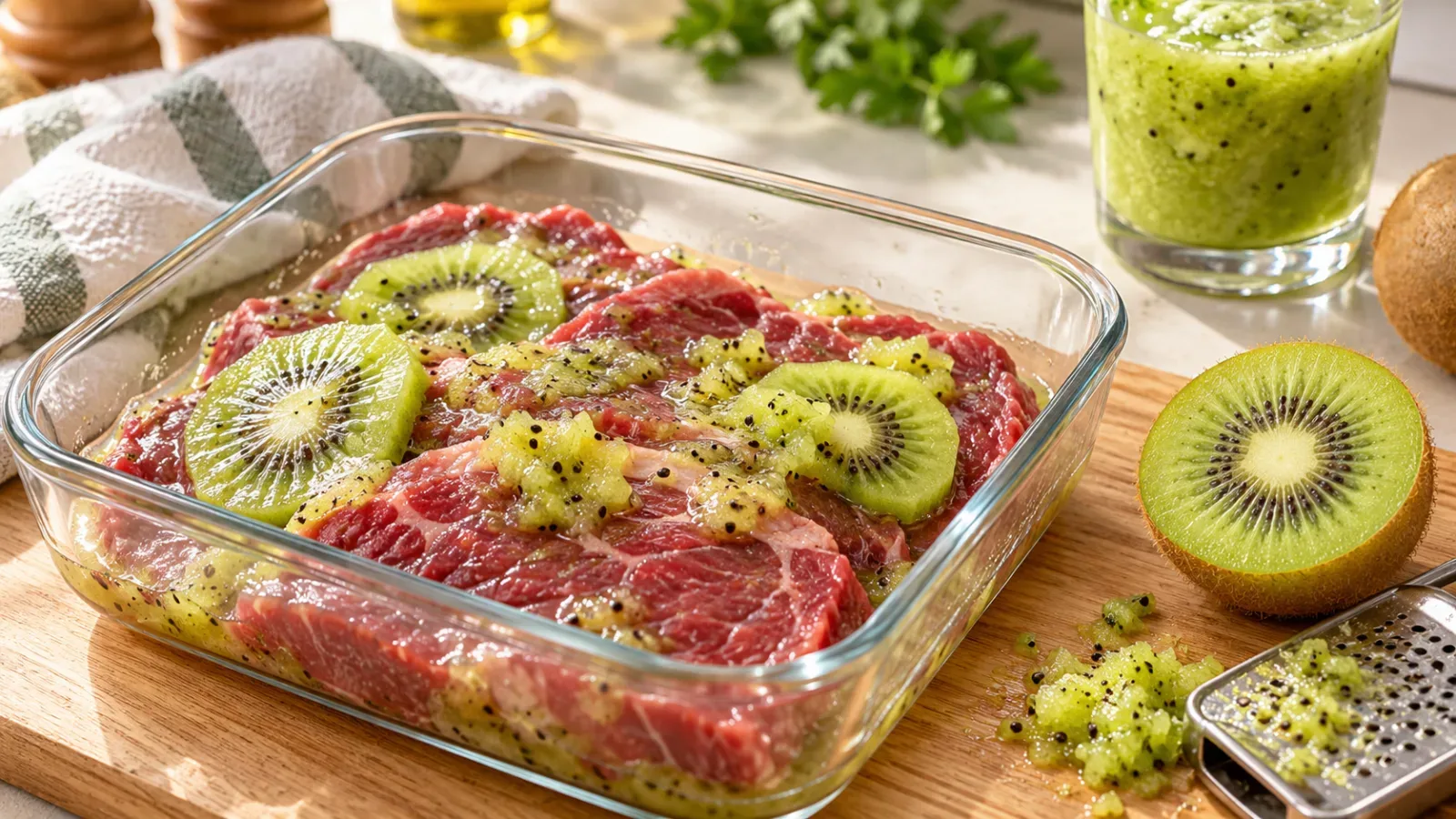 Sử dụng kiwi xanh nghiền nhuyễn để ướp làm mềm thịt bò tự nhiên và pha chế sinh tố