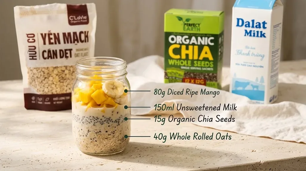 Glass jar of tropical overnight oats layered with 40g rolled oats, 15g organic chia seeds, 150ml unsweetened milk, and 80g diced ripe mango.&nbsp;