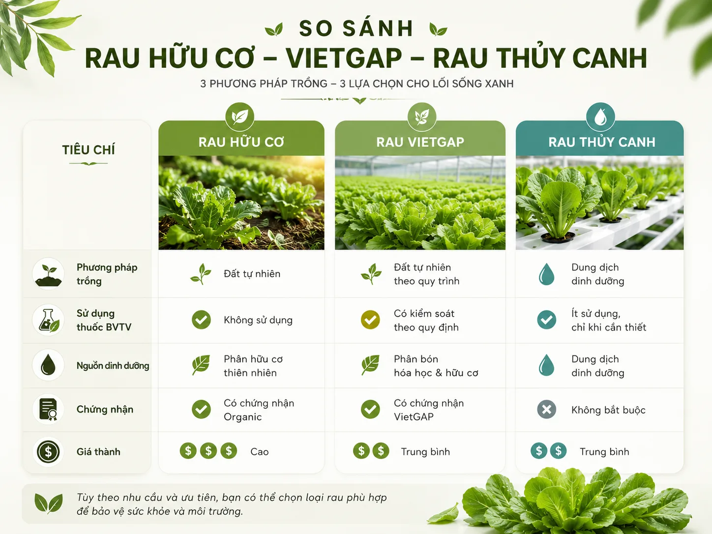 Bảng tiêu chí so sánh rau hữu cơ, VietGAP và rau thủy canh