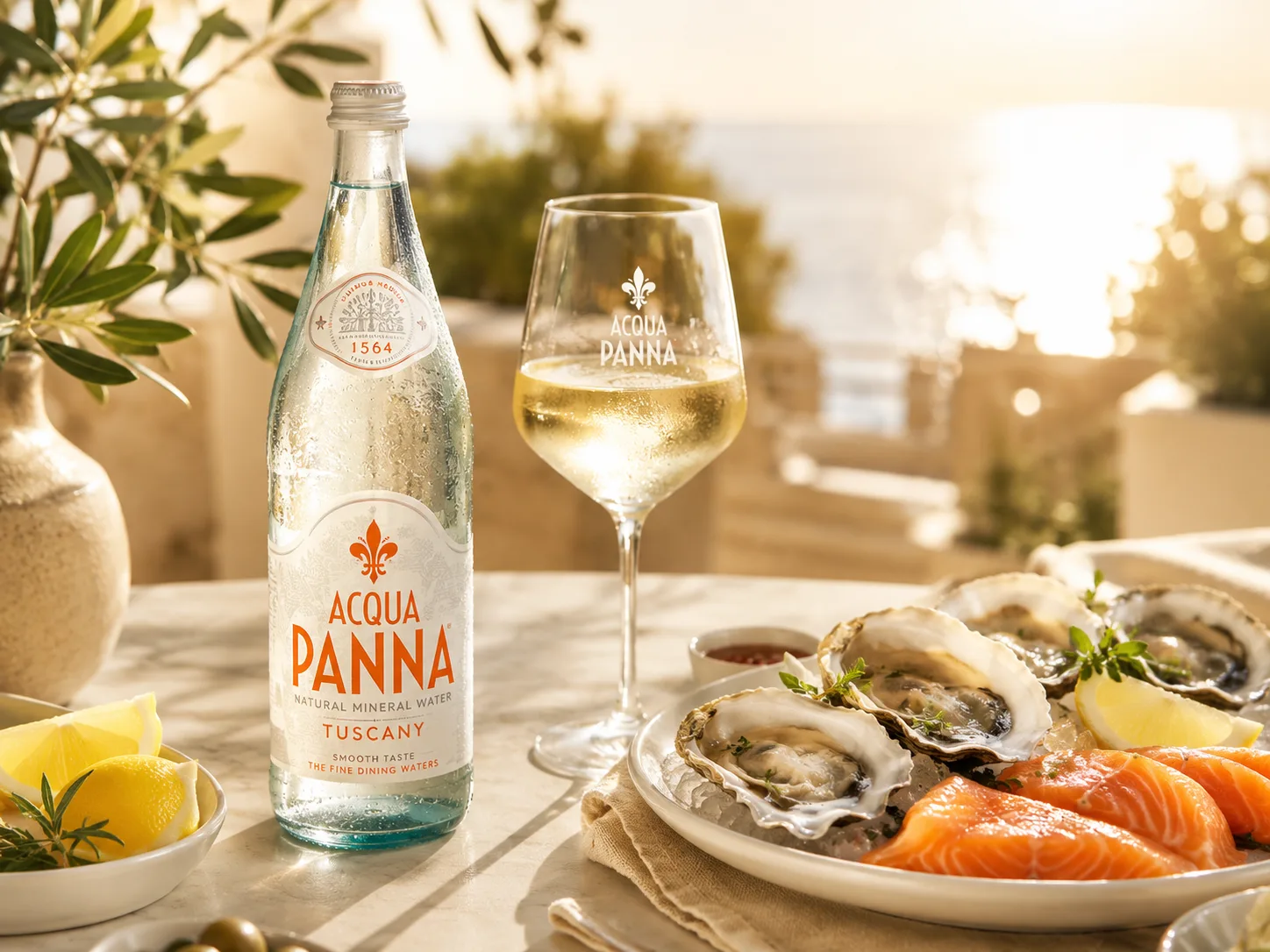 Nước khoáng thiên nhiên Acqua Panna kết hợp hoàn hảo cùng rượu vang trắng và hải sản.