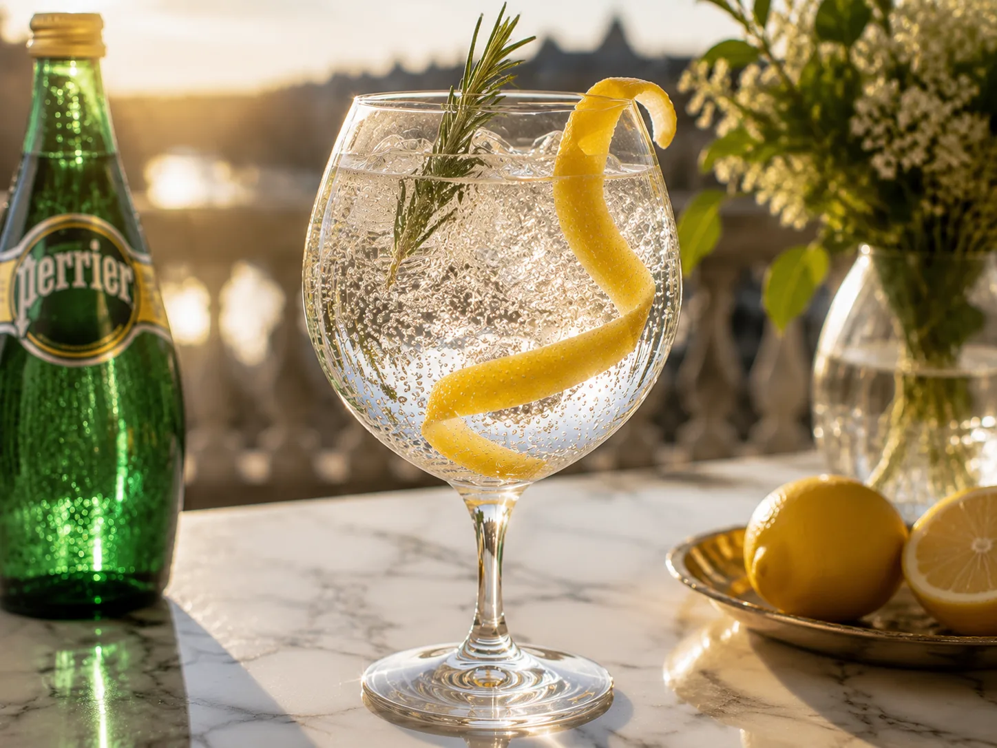 Cocktail Perrier Lemon Gin Tonic thanh lịch cho tiệc chiều.