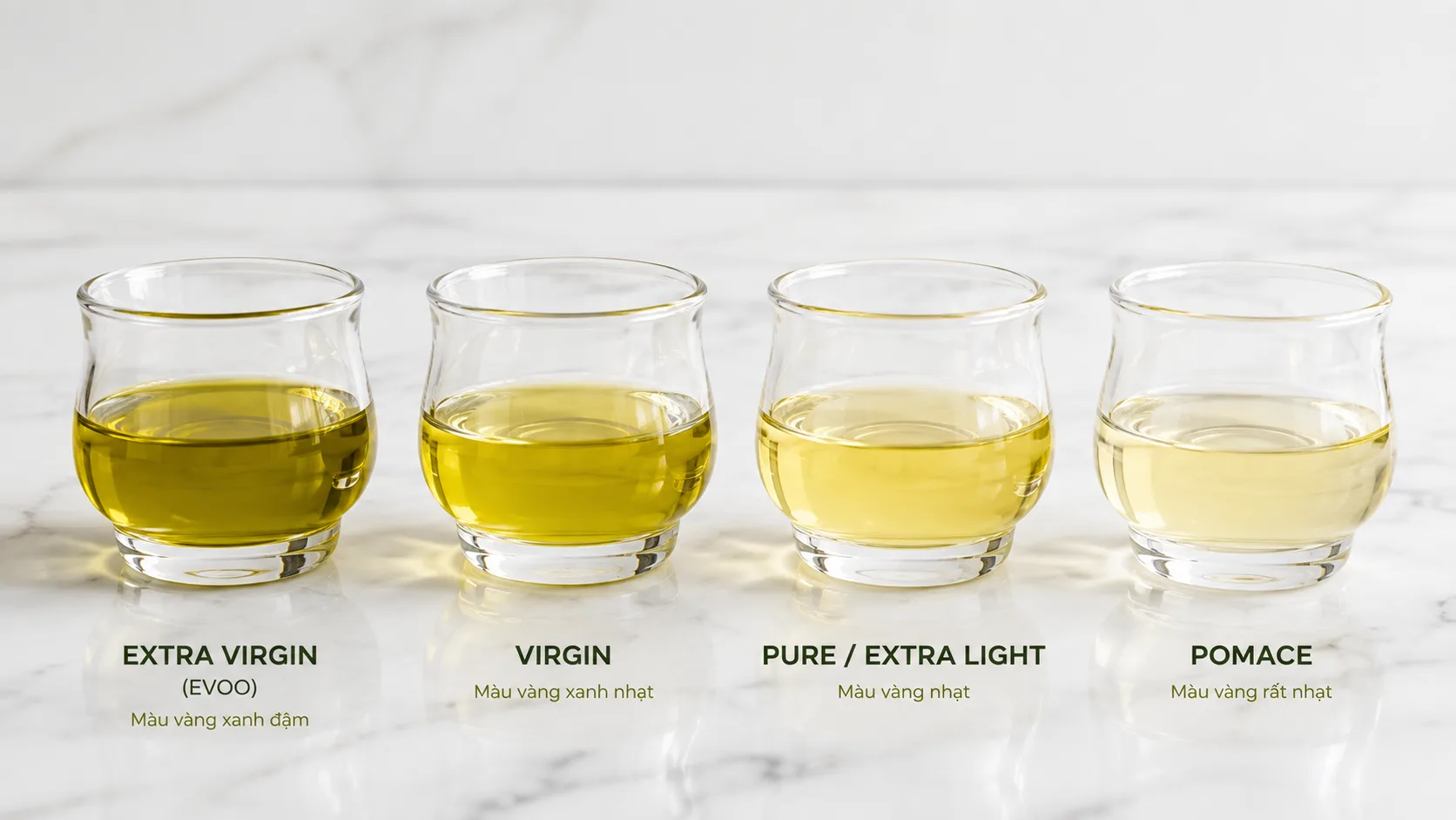So sánh màu sắc và độ đặc của dầu oliu Extra Virgin, Virgin, Pure và Pomace.