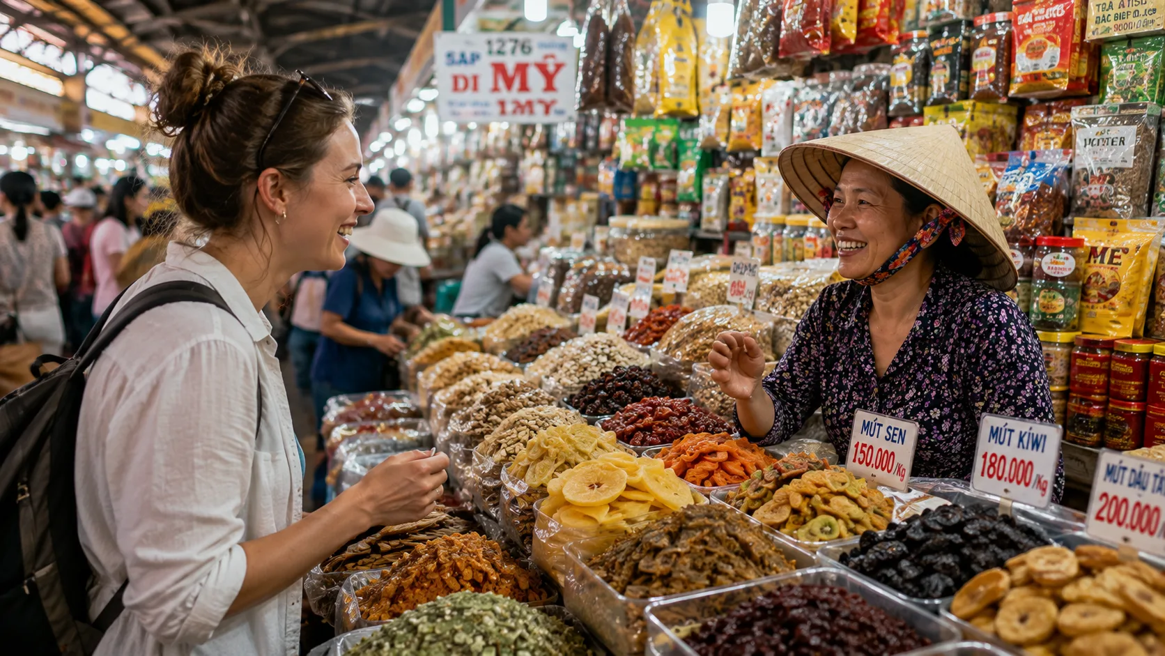 A foreign tourist smiling and pleasantly bargaining with a local vendor at Ben Thanh market in Vietnam