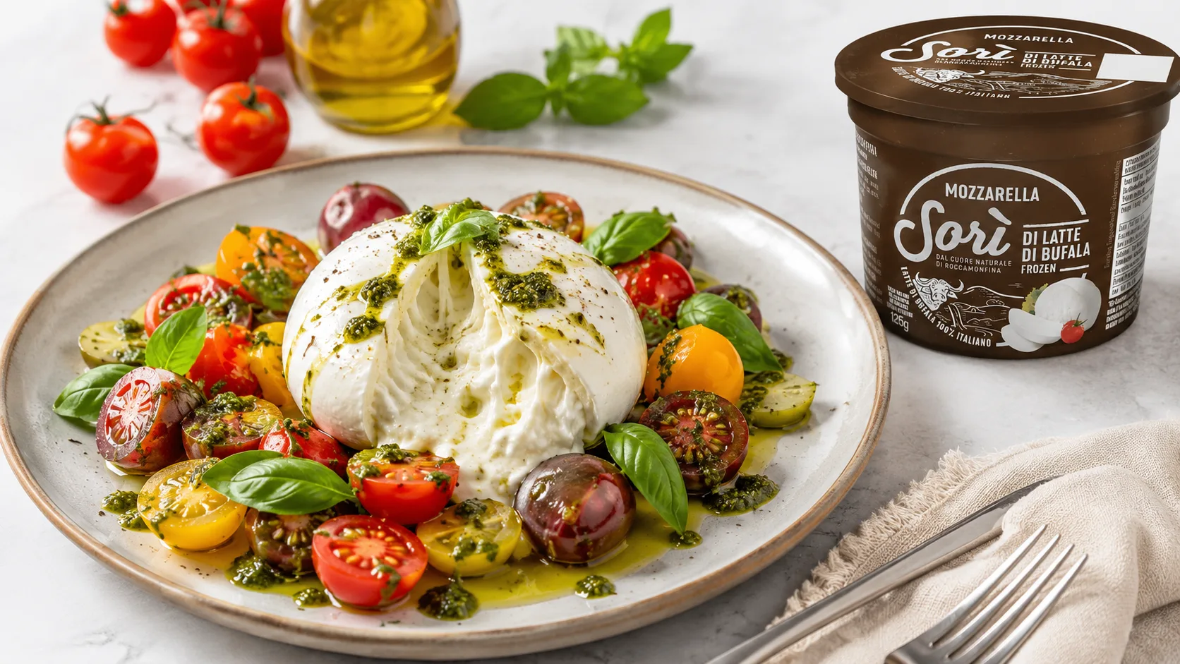 M&oacute;n salad ph&ocirc; mai Burrata b&eacute;o ngậy d&ugrave;ng k&egrave;m c&agrave; chua bi v&agrave; sốt pesto dầu oliu cao cấp