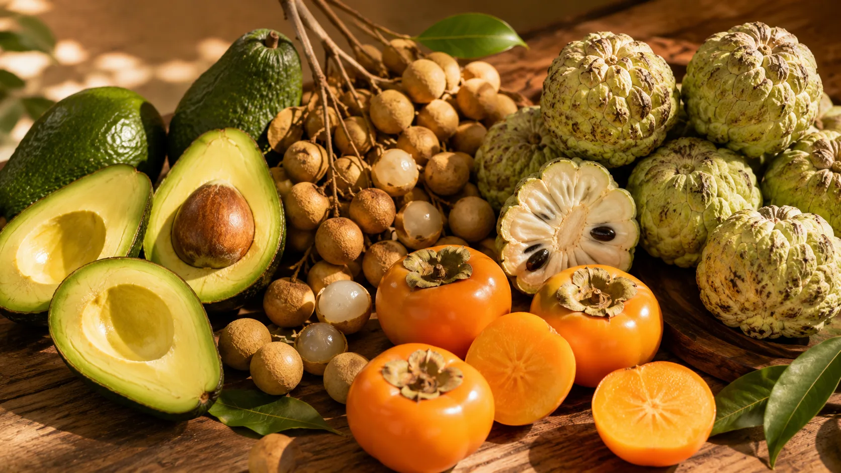 The specialty fruits of Vietnam's autumn include ripe avocados, longan, sugar apple, and crunchy persimmon