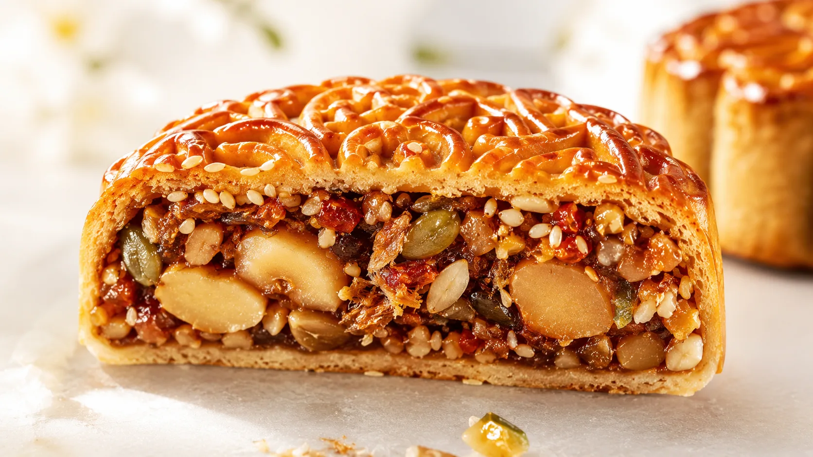 Traditional Vietnamese mixed-filling mooncake with nuts, seeds and preserved ingredients