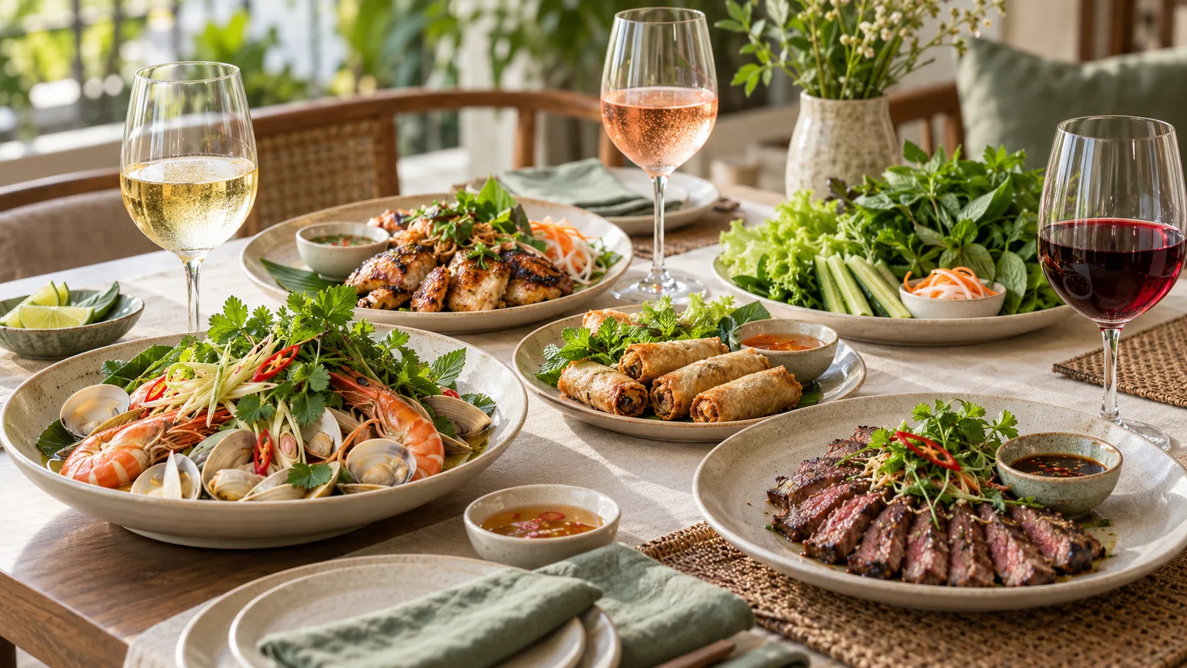 Gợi ý kết hợp rượu vang với hải sản gà nướng và món Việt