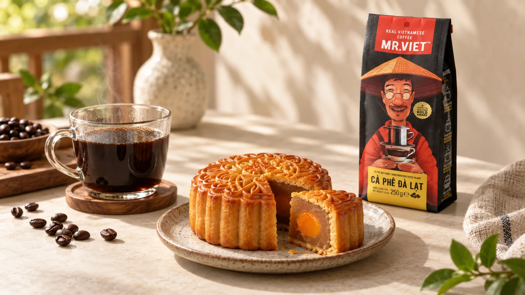 Da Lat roasted coffee beans served with traditional Vietnamese mooncakes