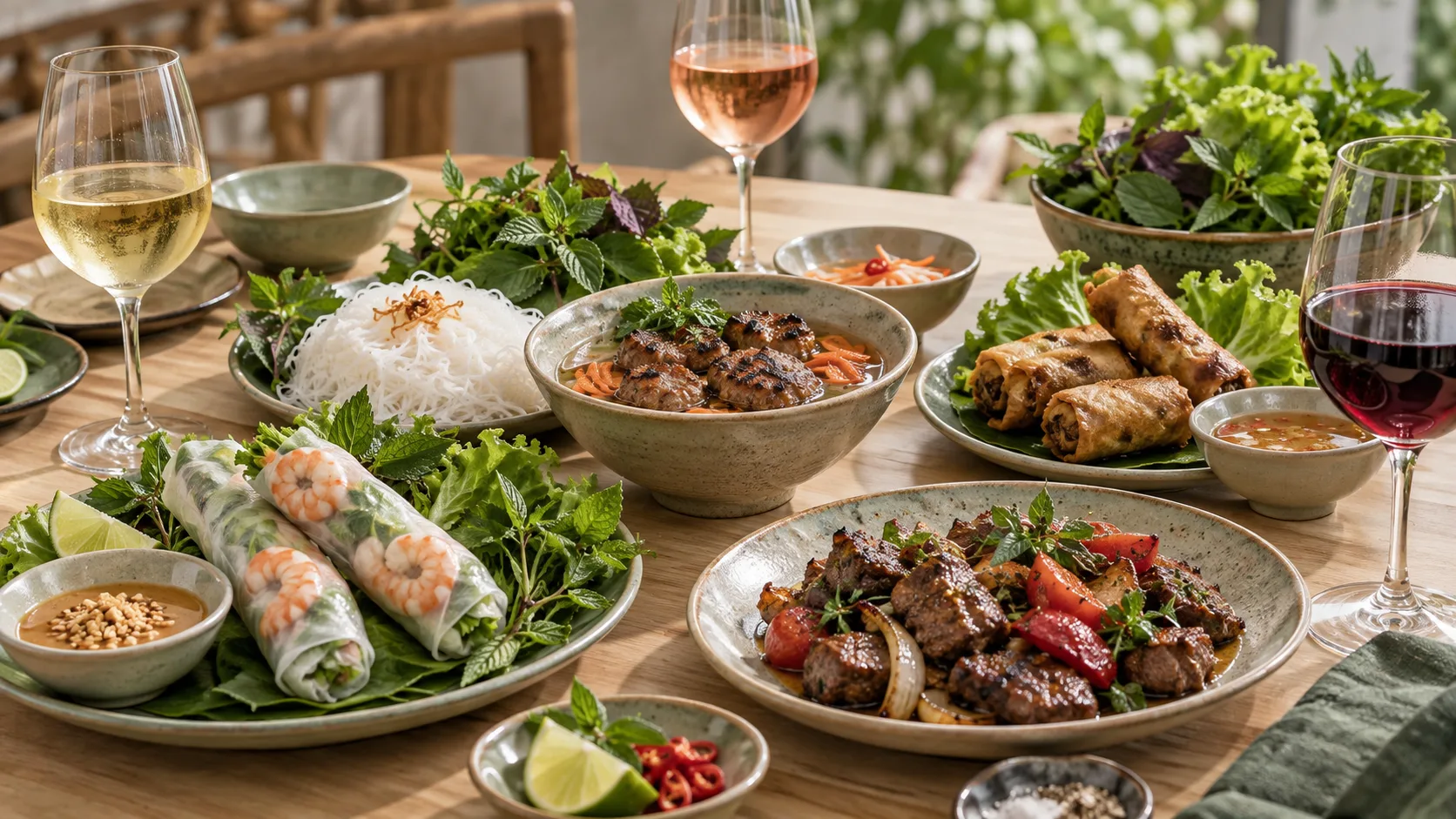 Rượu vang kết hợp với gỏi cuốn b&uacute;n chả chả gi&ograve; v&agrave; m&oacute;n Việt