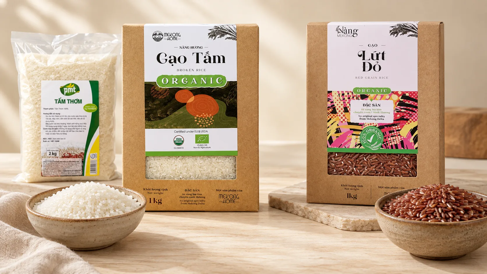 Vietnamese broken rice and organic red rice varieties