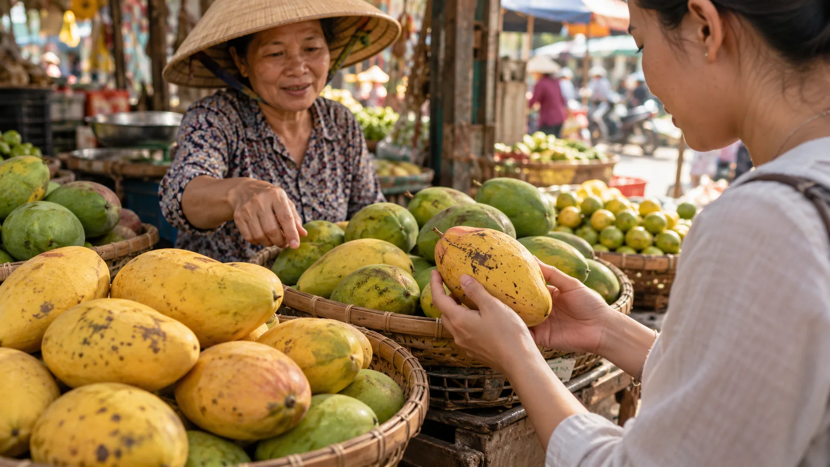 Shopper checking the ripeness of tropical fruit in Vietnam