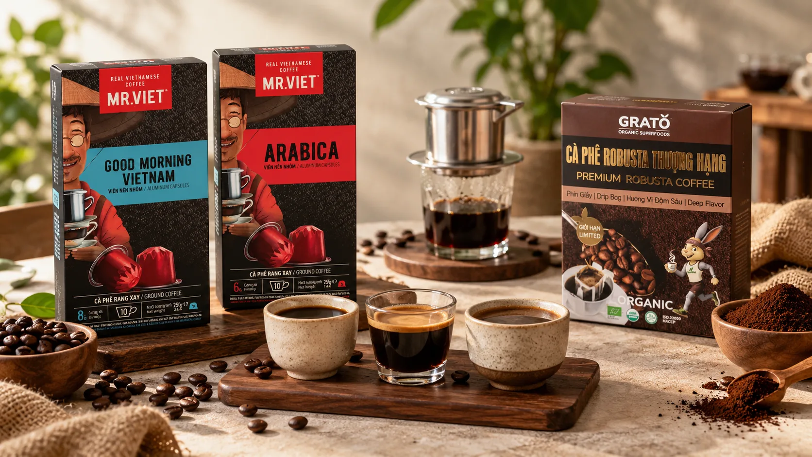 Cà phê rang xay MR. VIET và GRATO Organic Robusta trong bộ thử nhiều phong cách cà phê Việt