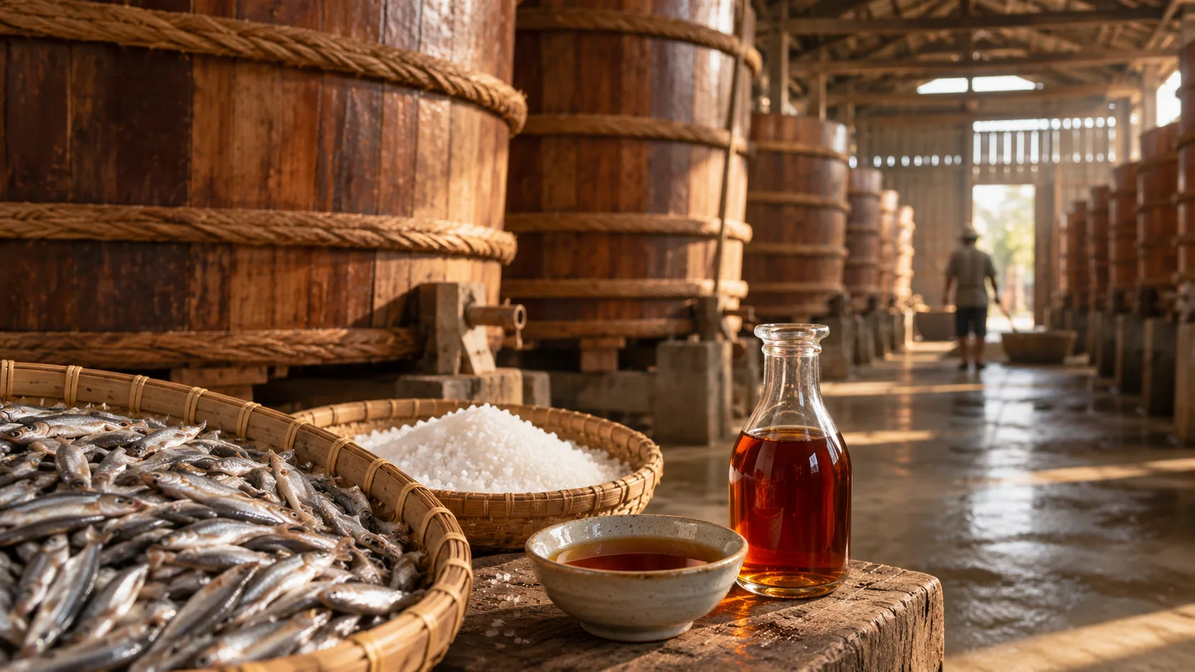 Traditional wooden fish sauce fermentation barrels in Phú Quốc, Vietnam