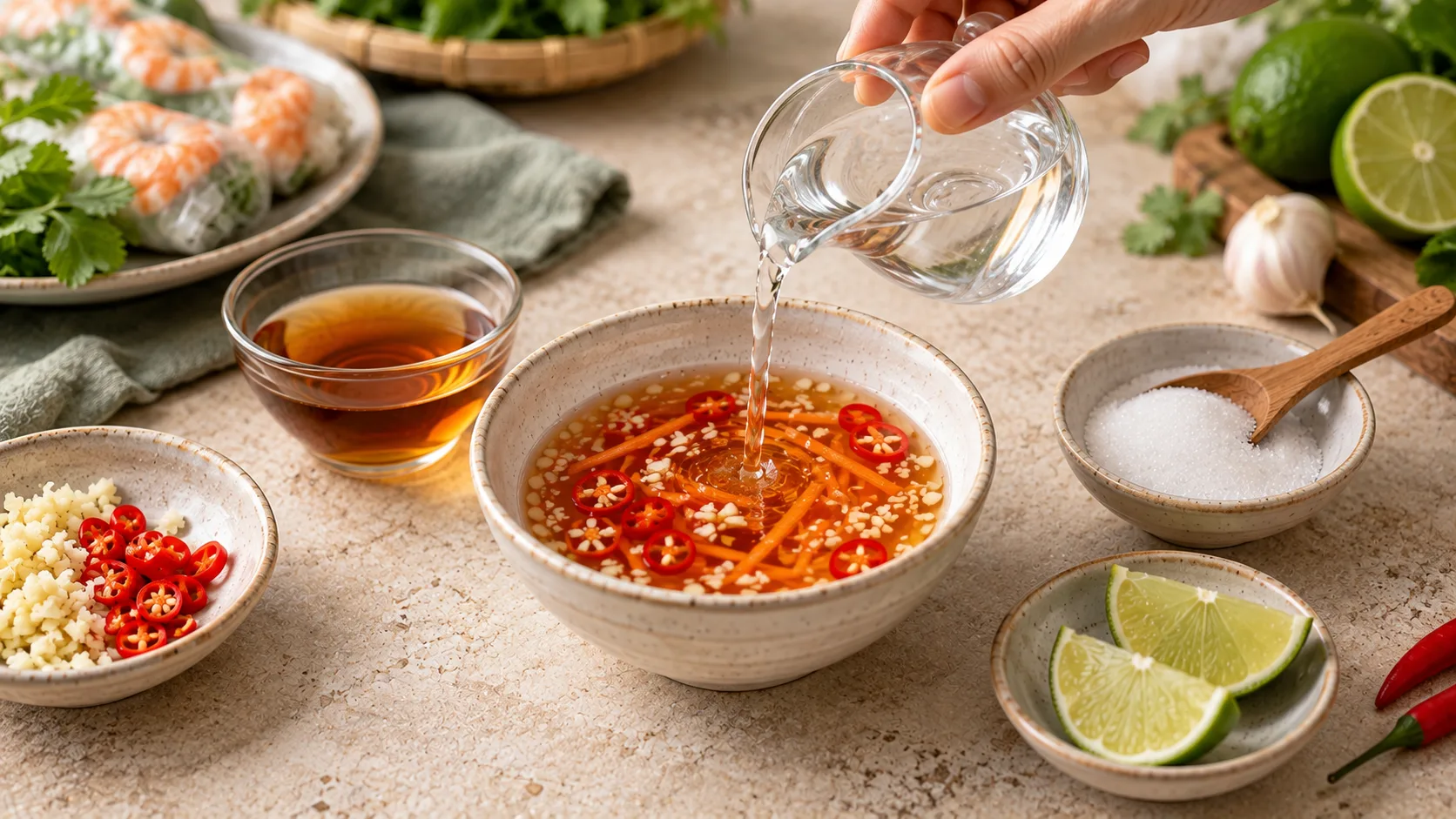 Adjusting nuoc cham with water, sugar, lime and fish sauce to balance the flavor