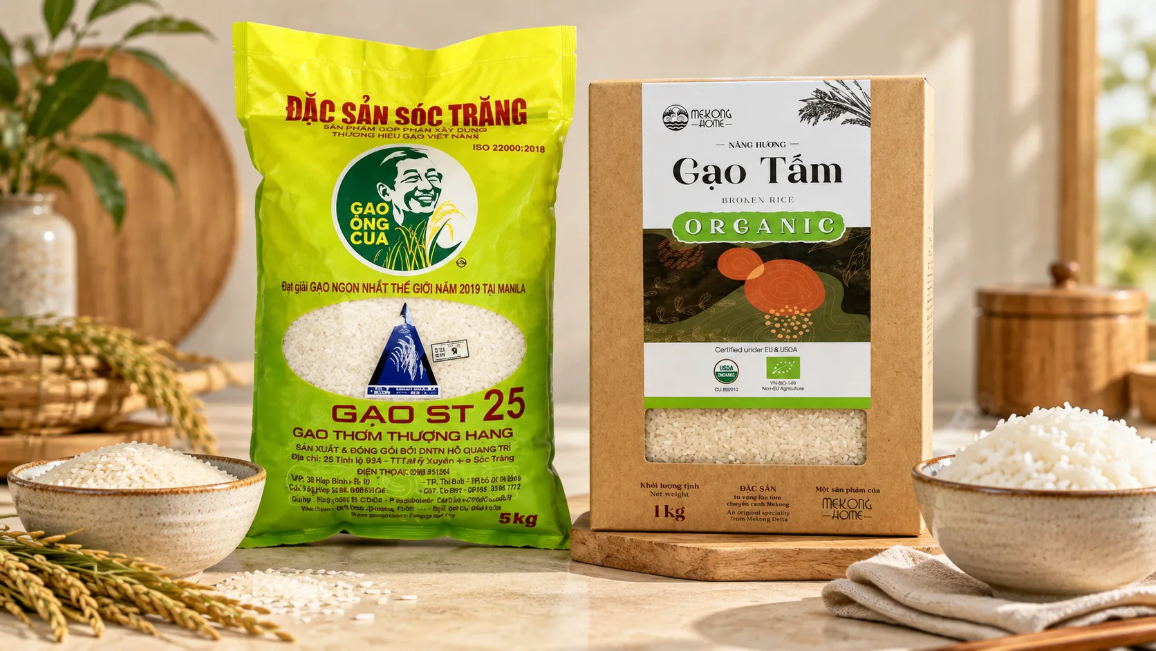 Real Vietnamese rice products with uncooked rice grains and a bowl of cooked rice.
