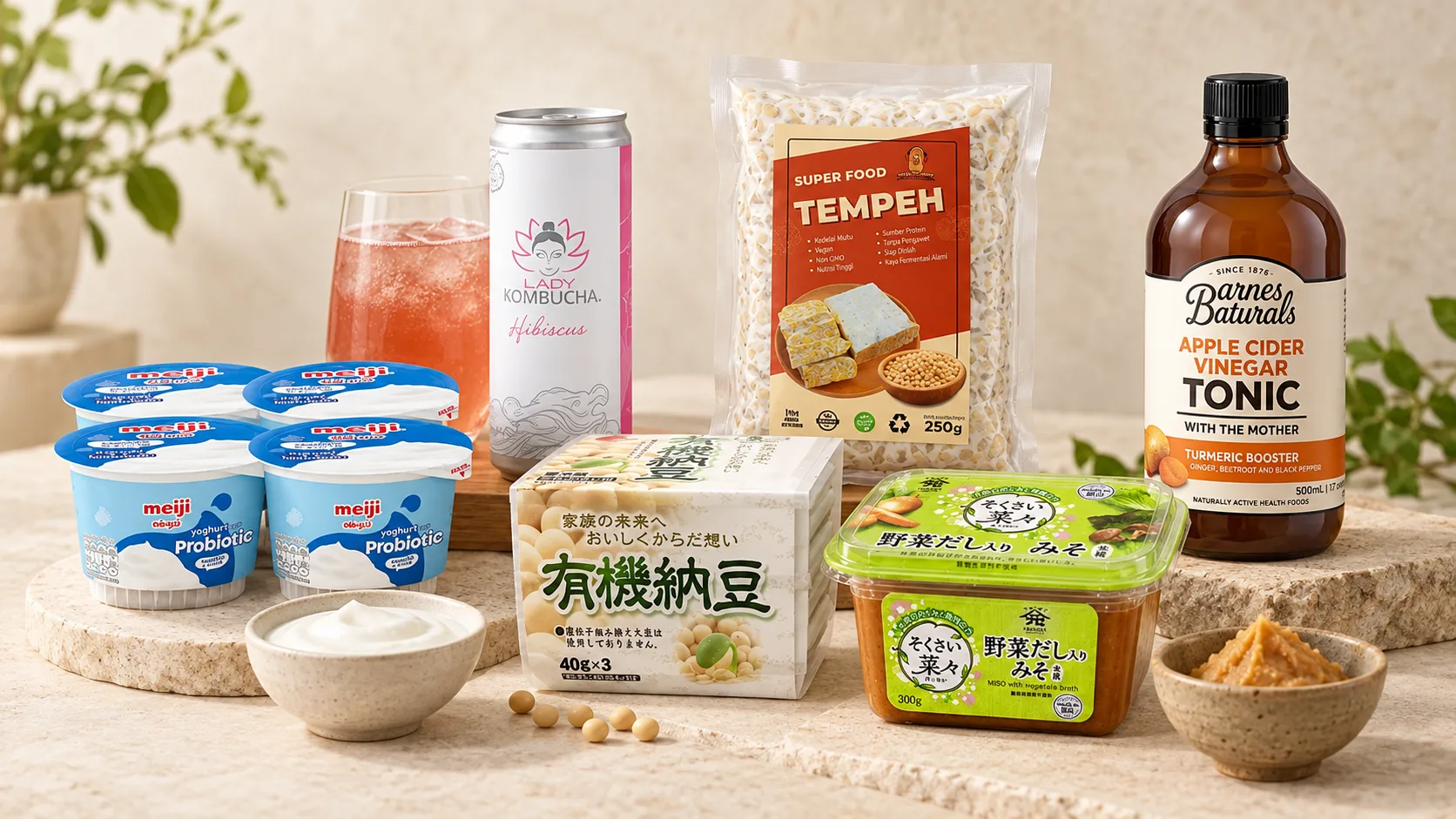 Sữa chua probiotic, kombucha, tempeh, natto, miso v&agrave; giấm t&aacute;o l&ecirc;n men