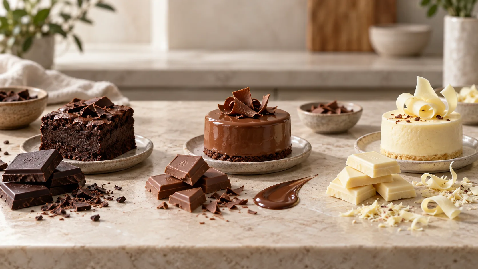 Dark, milk và white chocolate được minh họa trong các cách dùng khác nhau khi làm món tráng miệng