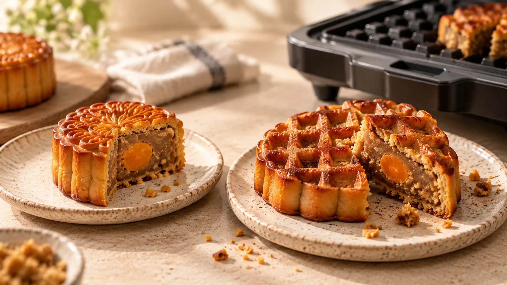 So s&aacute;nh b&aacute;nh Trung Thu trước v&agrave; sau khi &eacute;p bằng m&aacute;y waffle